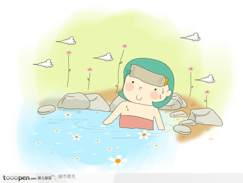 可爱女童插画-泡温泉的可爱女孩