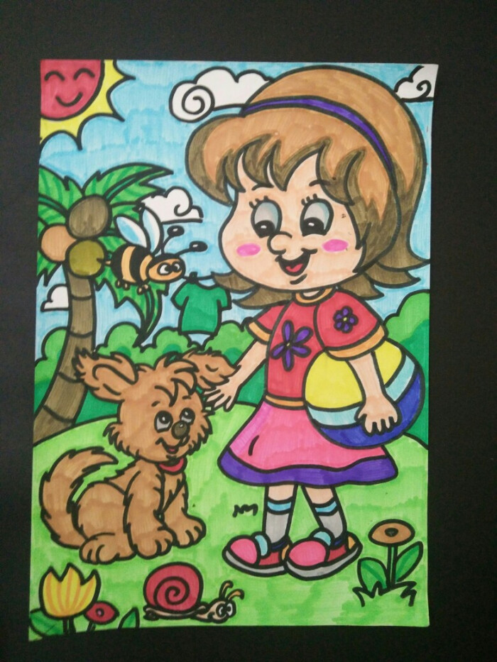儿童画!小女孩和小狗!水彩笔-堆糖,美好生活研