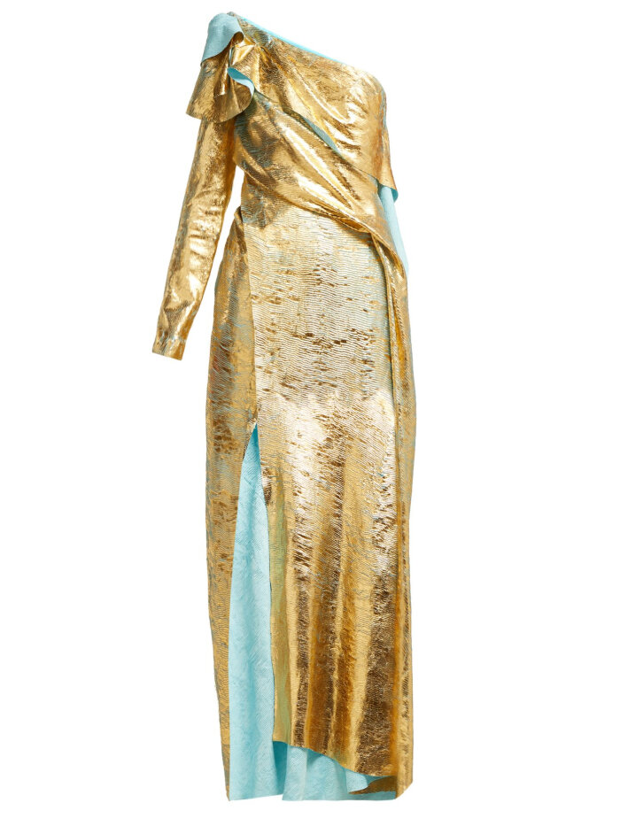 asymmetric metallic plissé gown | halpern