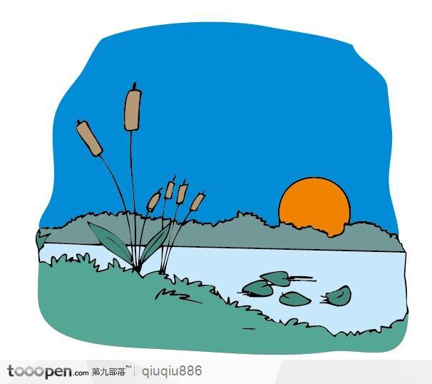 湖泊叶子太阳蓝天插画素材