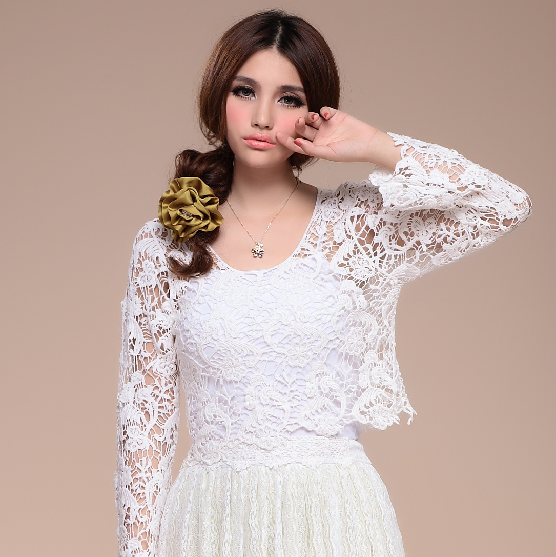 艾米恋秋装女装文艺清新范修身长袖镂空针织蕾丝衫
