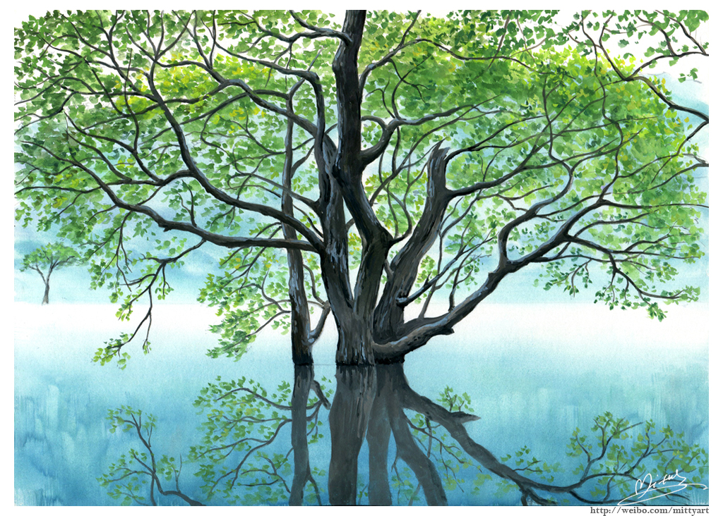 《独舞》一幅比较有意境的作品～几棵交织缠绕的大树屹立在湖中～哪怕