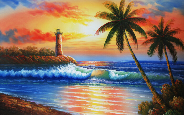 金色海洋手绘风景油画椰子树