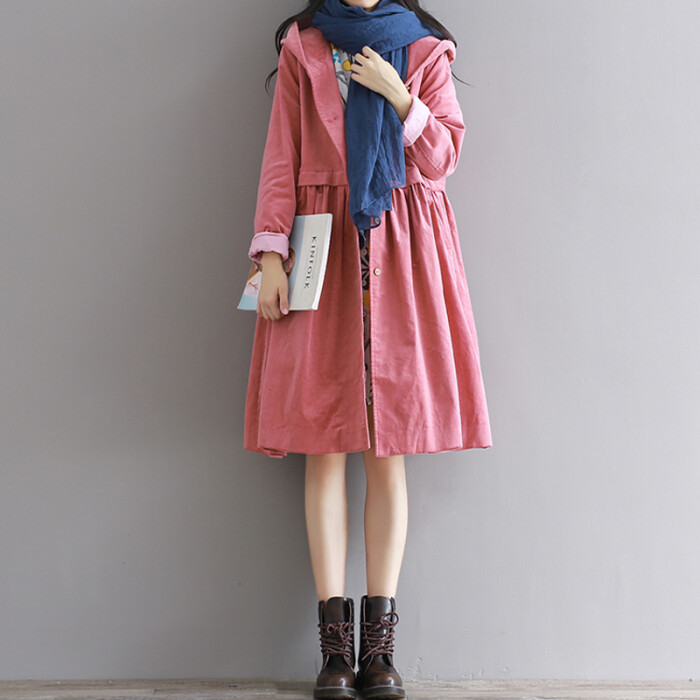 2016秋冬连帽灯芯绒风衣外套女宽松文艺大摆