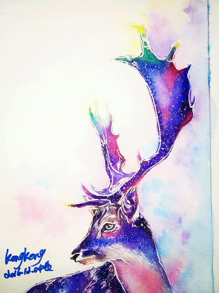 我的星空鹿, 手绘 水彩 插画 水彩插画 …-堆糖,