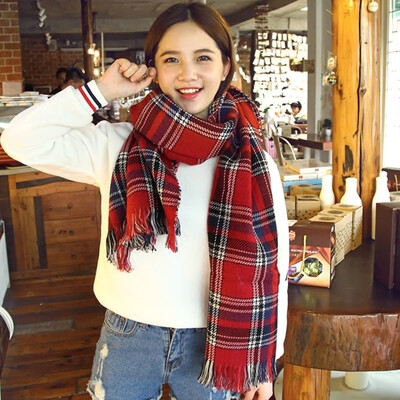 韩国ulzzang条纹格子红围巾女冬季韩版双面…