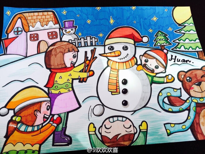 打雪仗堆雪人 儿童画-堆糖,美好生活研究所