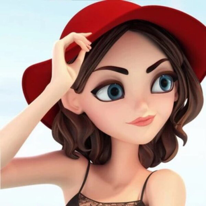很酷的女生卡通头像 带着红色帽子时尚发型…