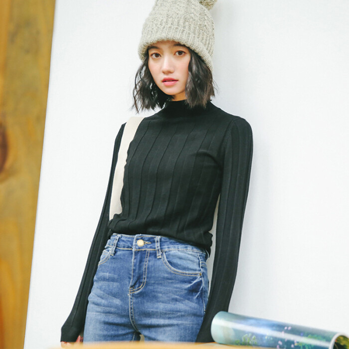 某秋冬文艺范简约半高领打底针织衫女弹力修…