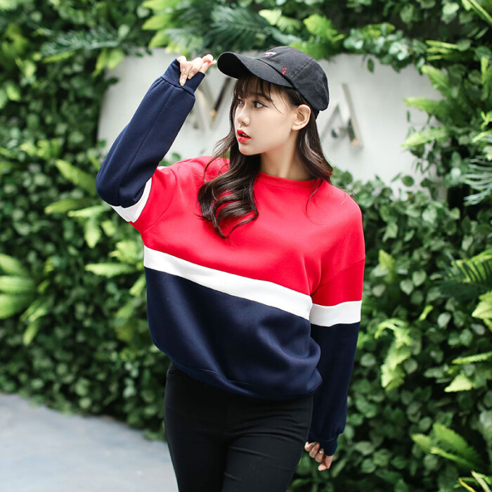 冬韩版拼接多色原宿卫衣女加绒加厚学院风韩…