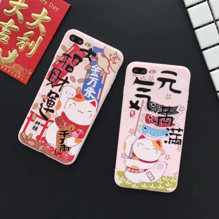 粉色招财猫iPhone7plus手机壳苹果6s软壳全…
