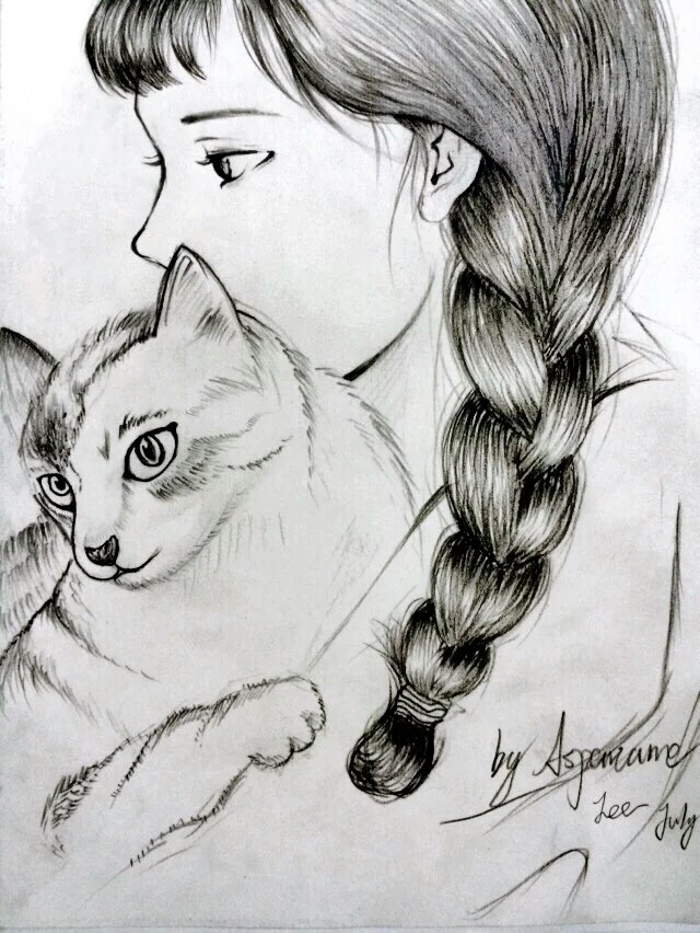 炭笔插画 猫与少女 头像 复古壁纸 文艺手绘…-