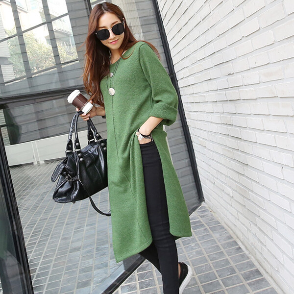 韩国 时尚绿色开叉长款毛衣针织衫休闲连衣…