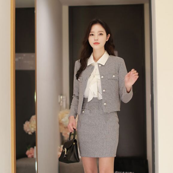 韩国 2017春季女装 格纹短外套 包臀裙 套装…