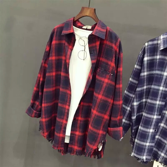 韩版春装百搭纯棉红格子毛边衬衫女学生宽松…