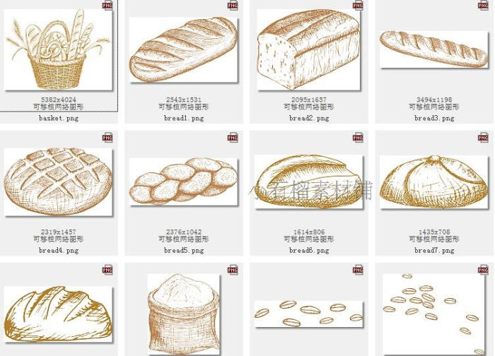 手绘线稿图烘焙面包包装袋海报图案素描插画…