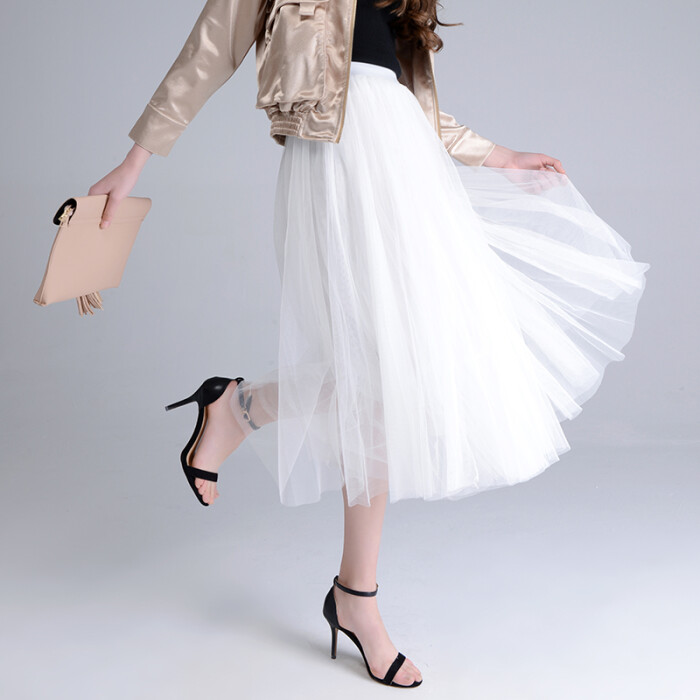 Chartres白色网纱高腰中长款百褶裙半身裙20…