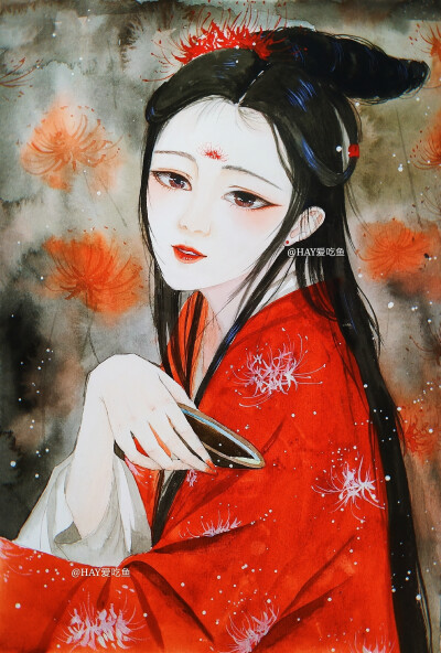 彼岸花与酒古风美人女子美女红色插画