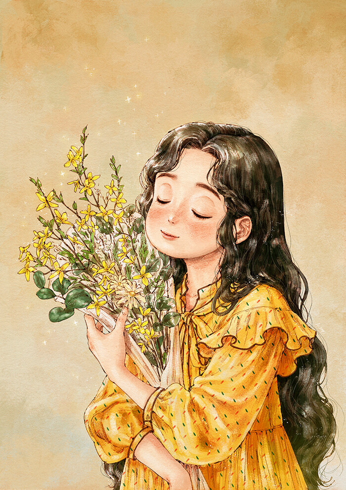 抱着的春天 ~ 来自韩国插画家aeppol 的「森林女孩日记-2019」系列